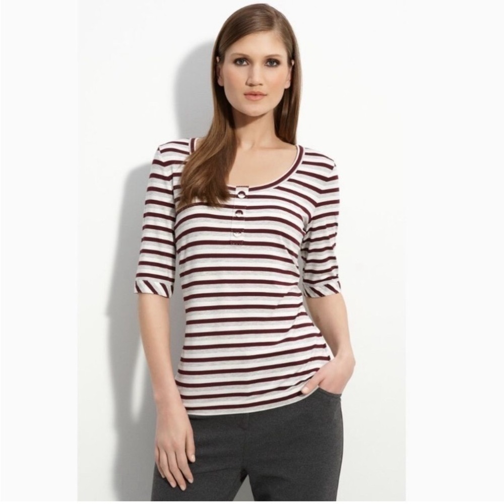 ST. JOHN Yellow Tag Burgundy Gray Cream Striped Short Sleeve Top Size Large
